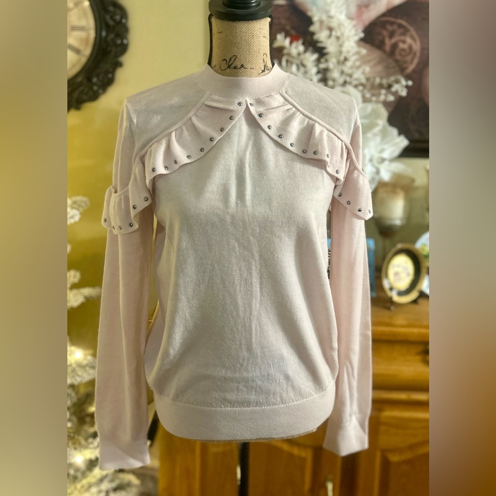 Kate Spade Sweater NWT Ruffle Studded Crew Neck Pale Pink Size M Retail $220